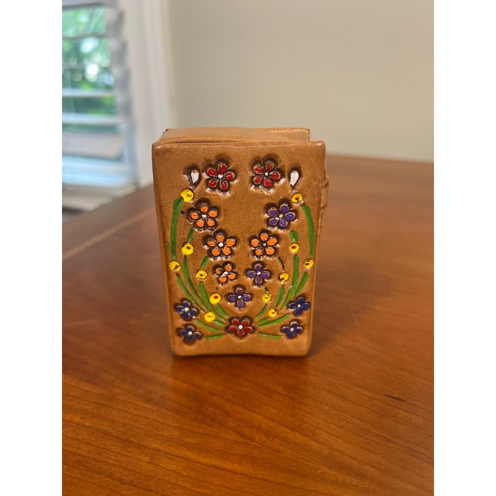Vintage Hand Tooled Leather Cigarette Case Floral Painted Folk Art Card Holder
